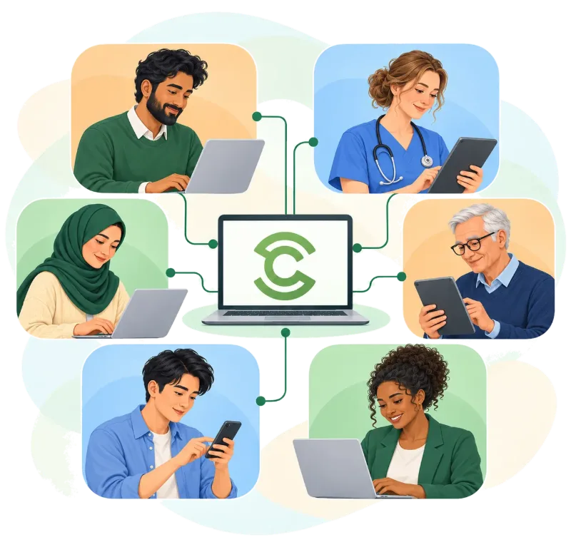 People in different workplaces and healthcare roles using Stress Control at Home on laptops, tablets and phones