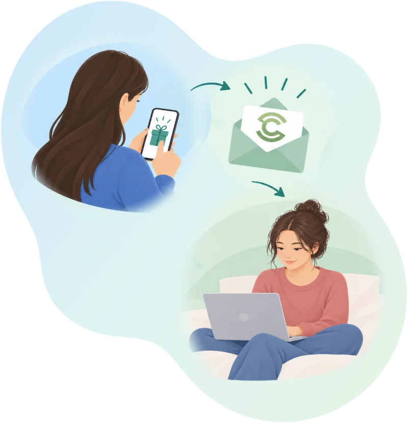 A person sending a Stress Control at Home gift membership from their phone, the gift email on its way, and the person receiving it relaxing at home with their laptop